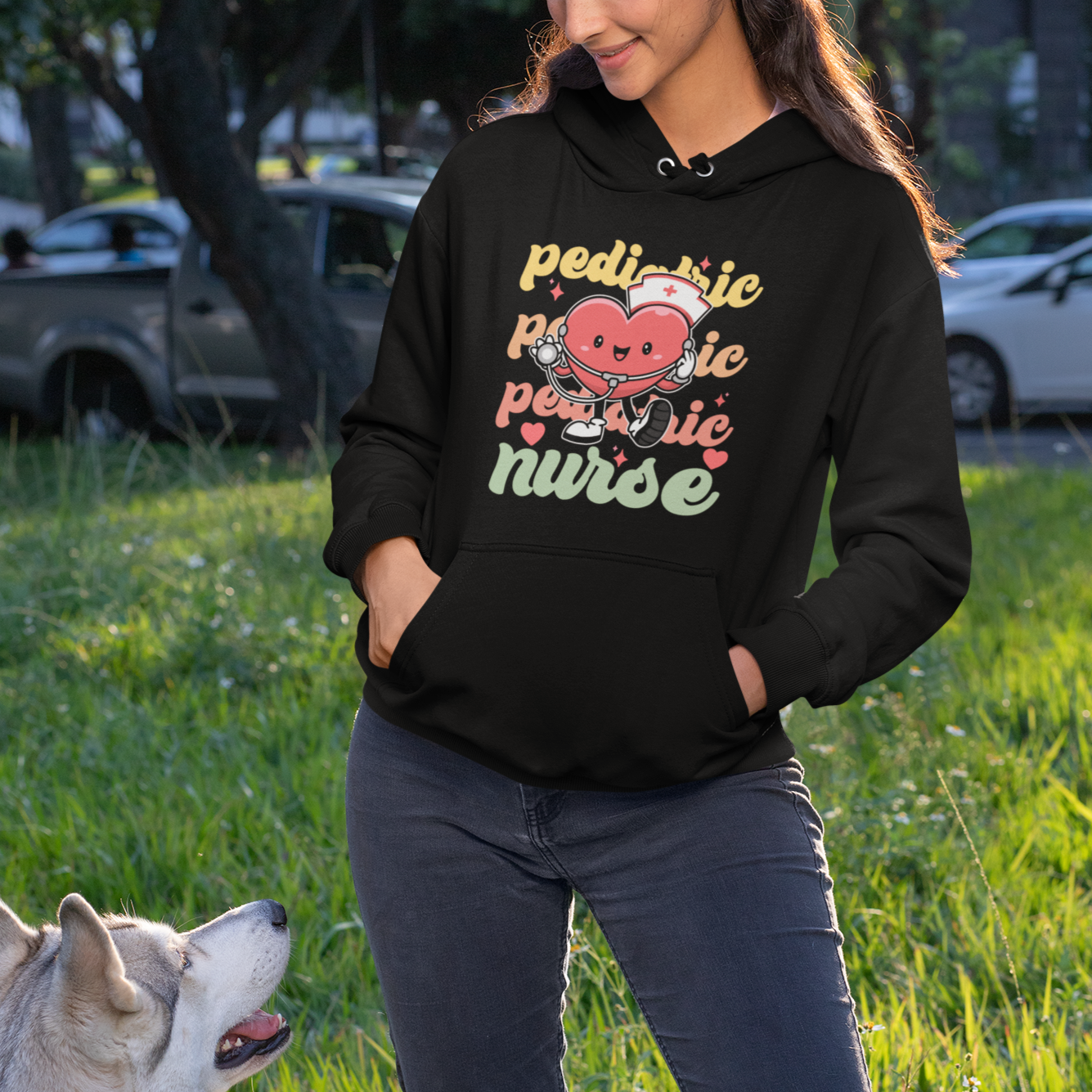 Valentine's Day Hoodie Retro Pediatric Nurse Cute Heart Stethoscope - Wonder Print Shop