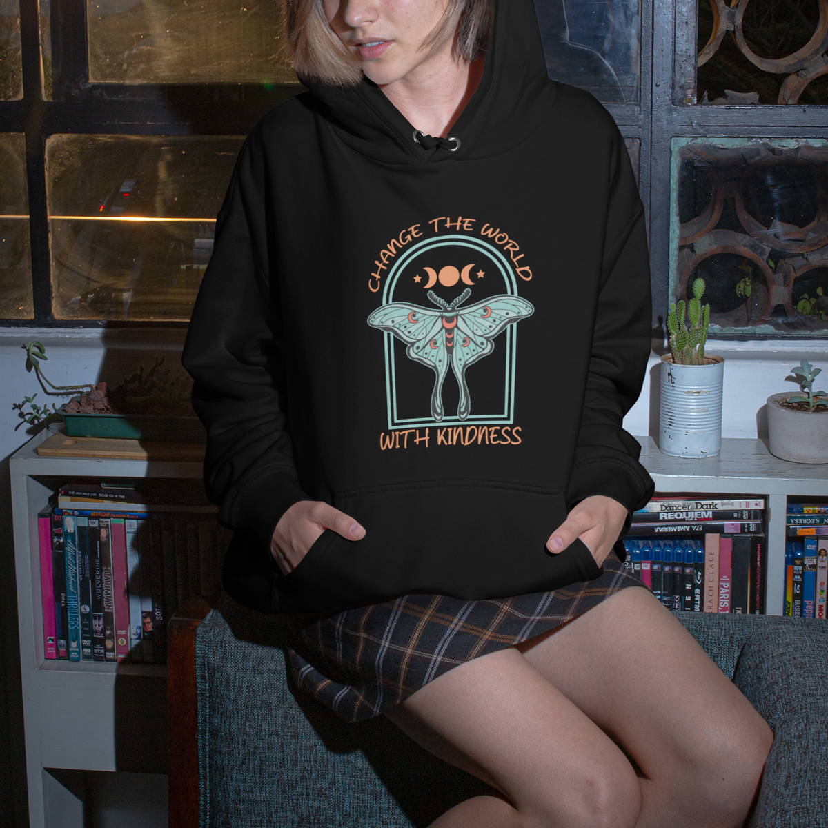 Moth Hoodie Mystical Luna Moth Change The World With Kindness Inspirational Retro Boho Be Kind Shirt for Women, Moth T-shirt, Moth Lover Gift, Insect Lover Shirt, Spirituality Shirt - Wonder Print Shop