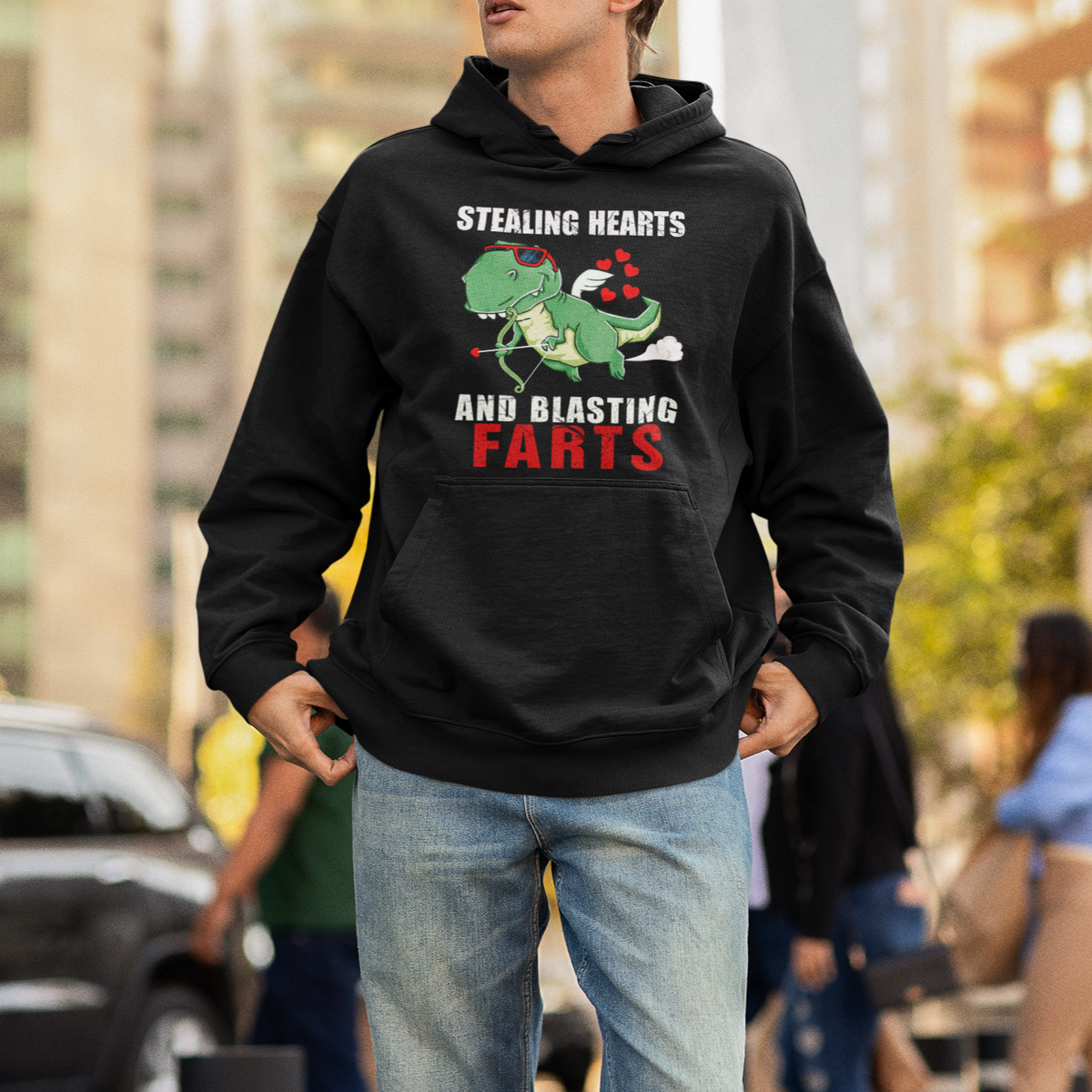 Valentine's Day Hoodie Cute Dinosaur Cupid Stealing Hearts And Blasting Farts - Wonder Print Shop