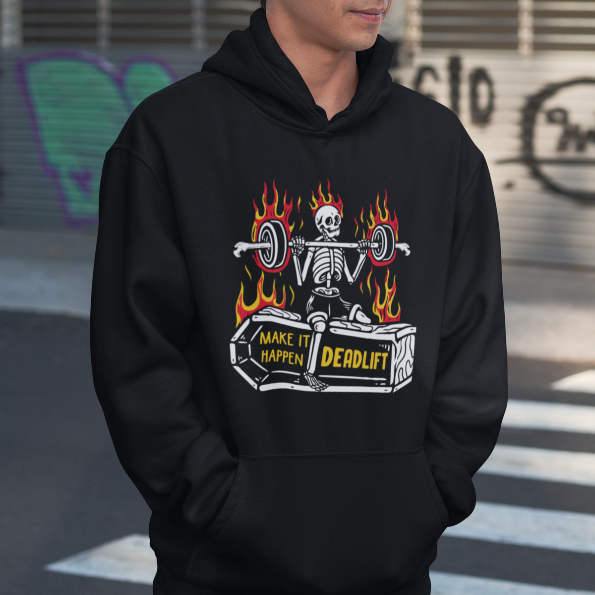 Halloween Gymer Hoodie Make It Happen Skeleton Deadlift Fitness Gym - Wonder Print Shop