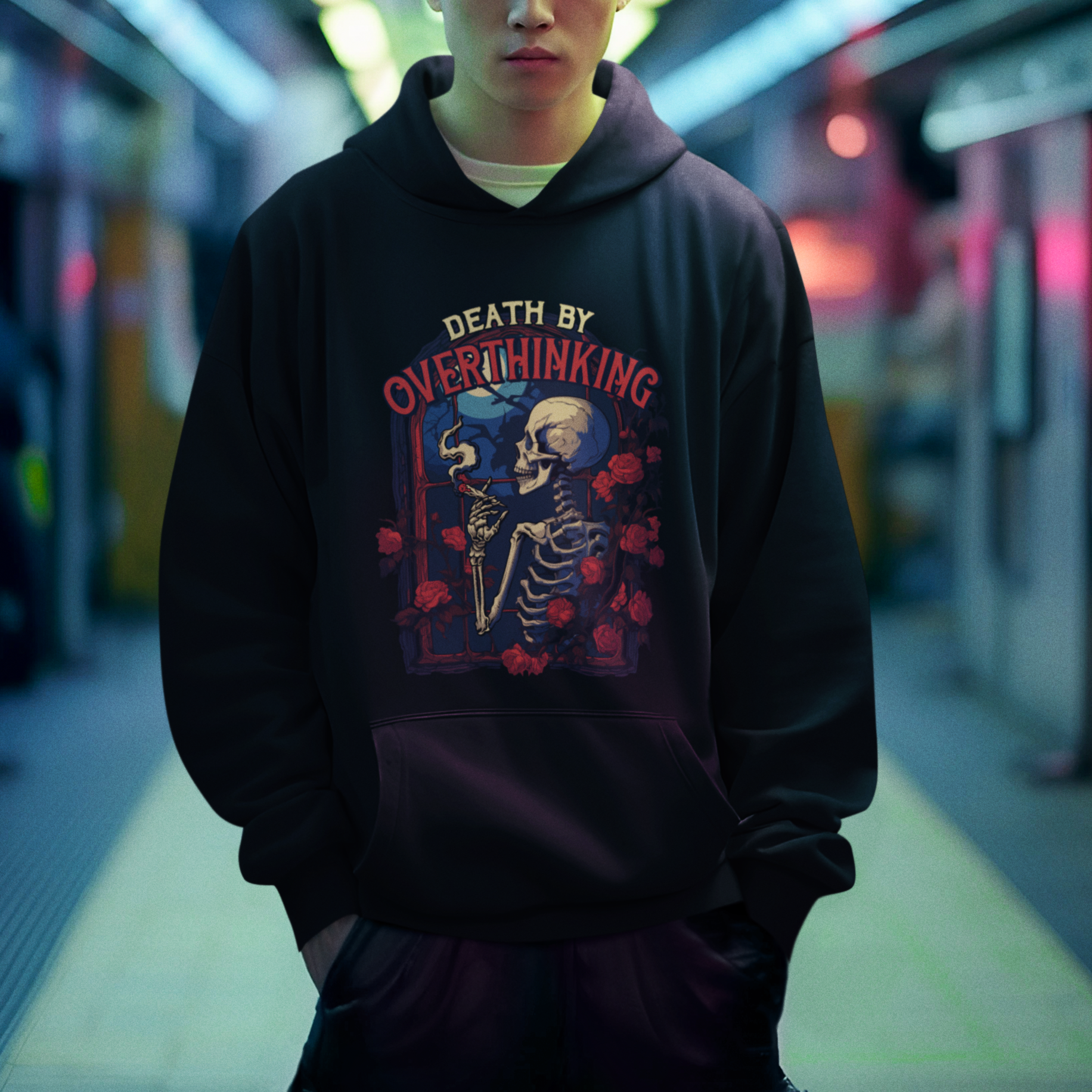 Death By Overthinking Skeleton Smoking Hoodie - Wonder Print Shop