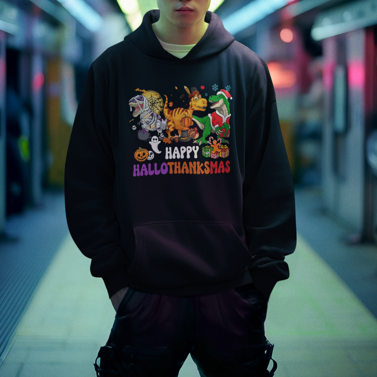 Hallothanksmas Hoodie Halloween Thanksgiving Christmas HalloThanksMas Dinosaur - Wonder Print Shop