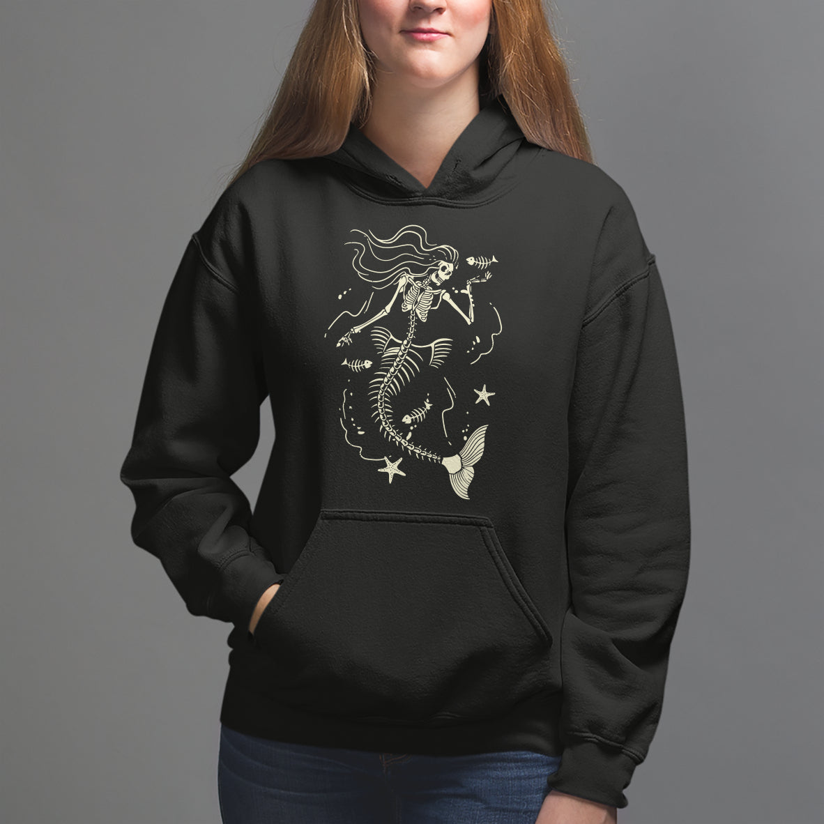 Halloween Mermaid Hoodie Mermaid Skeleton Spooky Season In Ocean - Wonder Print Shop