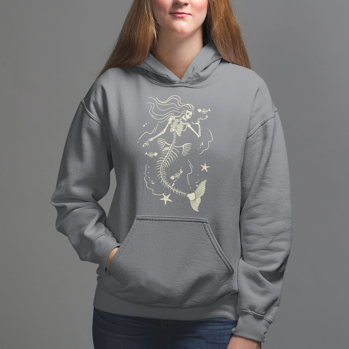 Halloween Mermaid Hoodie Mermaid Skeleton Spooky Season In Ocean - Wonder Print Shop