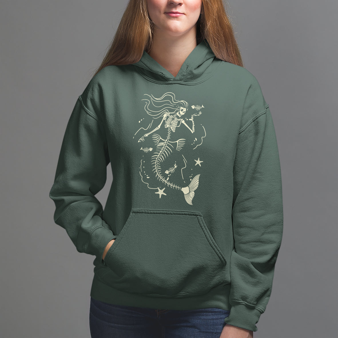 Halloween Mermaid Hoodie Mermaid Skeleton Spooky Season In Ocean - Wonder Print Shop