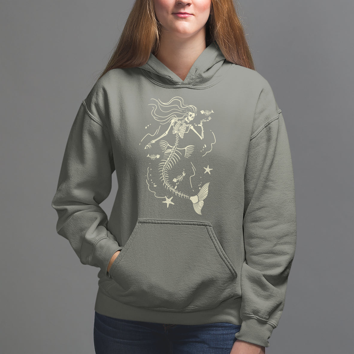 Halloween Mermaid Hoodie Mermaid Skeleton Spooky Season In Ocean - Wonder Print Shop