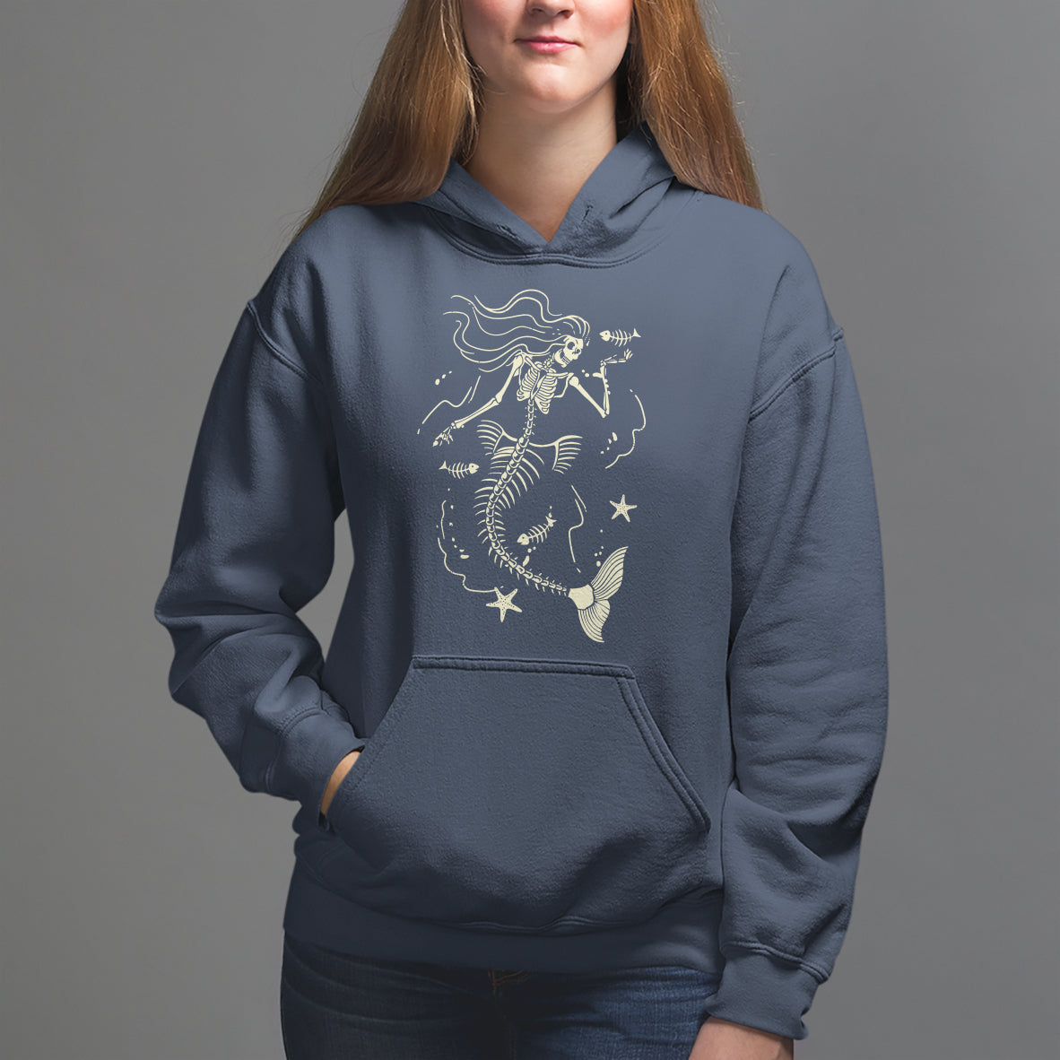Halloween Mermaid Hoodie Mermaid Skeleton Spooky Season In Ocean - Wonder Print Shop