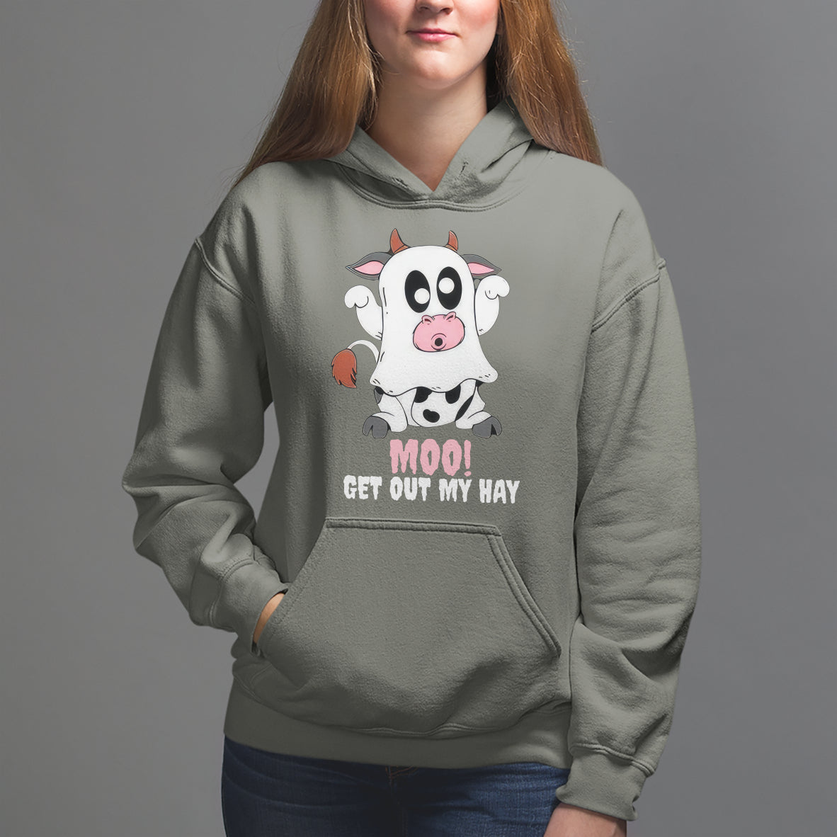 Halloween Hoodie MOO Get Out My Hay Cow Boo Ghost - Wonder Print Shop