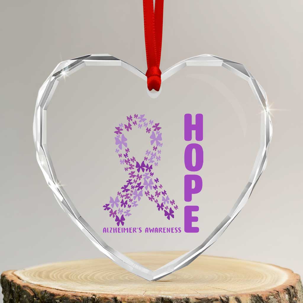 Hope Alzheimer's Awareness Purple Butterfly Ribbon Support Heart Crystal Glass Ornament