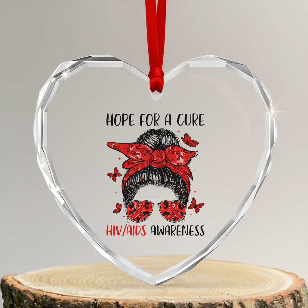 Hope For A Cure HIV Awareness Heart Crystal Glass Ornament Strong Woman Red Ribbon Gift - Wonder Print Shop