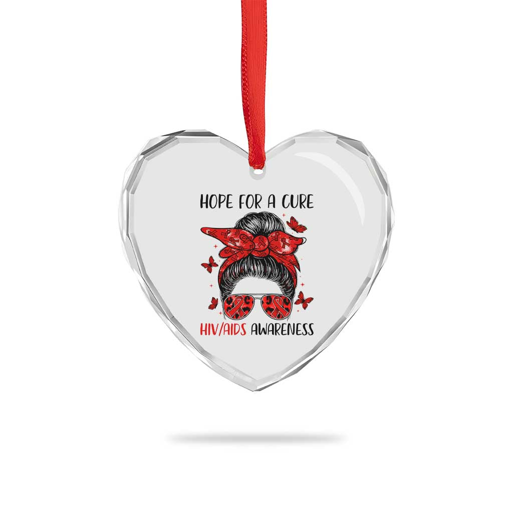 Hope For A Cure HIV Awareness Heart Crystal Glass Ornament Strong Woman Red Ribbon Gift - Wonder Print Shop