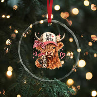 Hot Mess Highland Cow Pink Leopard Coquette Crystal Glass Ornament Cute Western Country Mom Life