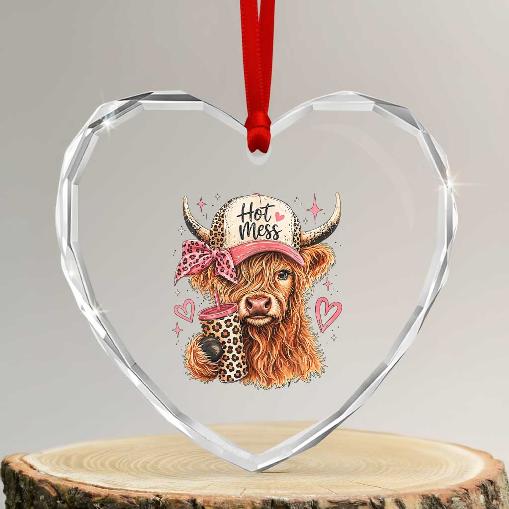 Hot Mess Highland Cow Pink Leopard Coquette Heart Crystal Glass Ornament Cute Western Country Mom Life