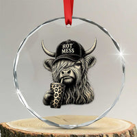 Hot Mess Highland Cow Sipping Iced Coffee Meme Crystal Glass Ornament Funny Sarcastic Everyday Life Country Western Style