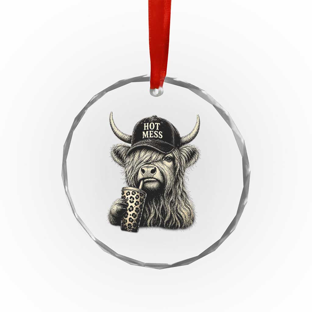 Hot Mess Highland Cow Sipping Iced Coffee Meme Crystal Glass Ornament Funny Sarcastic Everyday Life Country Western Style