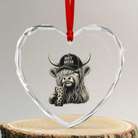 Hot Mess Highland Cow Sipping Iced Coffee Meme Heart Crystal Glass Ornament Funny Sarcastic Everyday Life Country Western Style