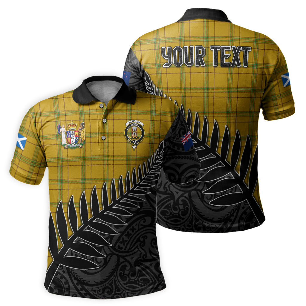 houston-tartan-family-crest-golf-shirt-with-fern-leaves-and-coat-of-arm-of-new-zealand-personalized-your-name-scottish-tatan-polo-shirt