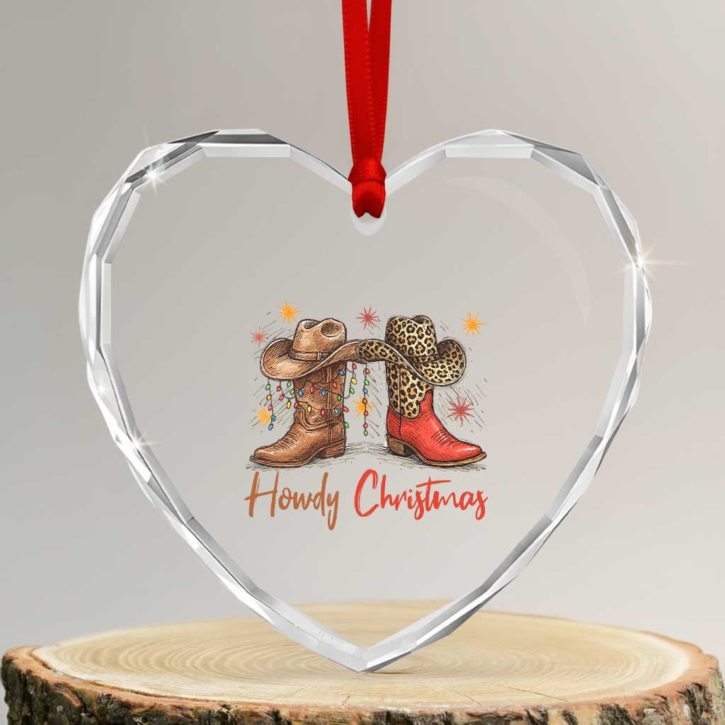 Howdy Christmas Heart Crystal Glass Ornament Western Cowboy Boots Country - Wonder Print Shop