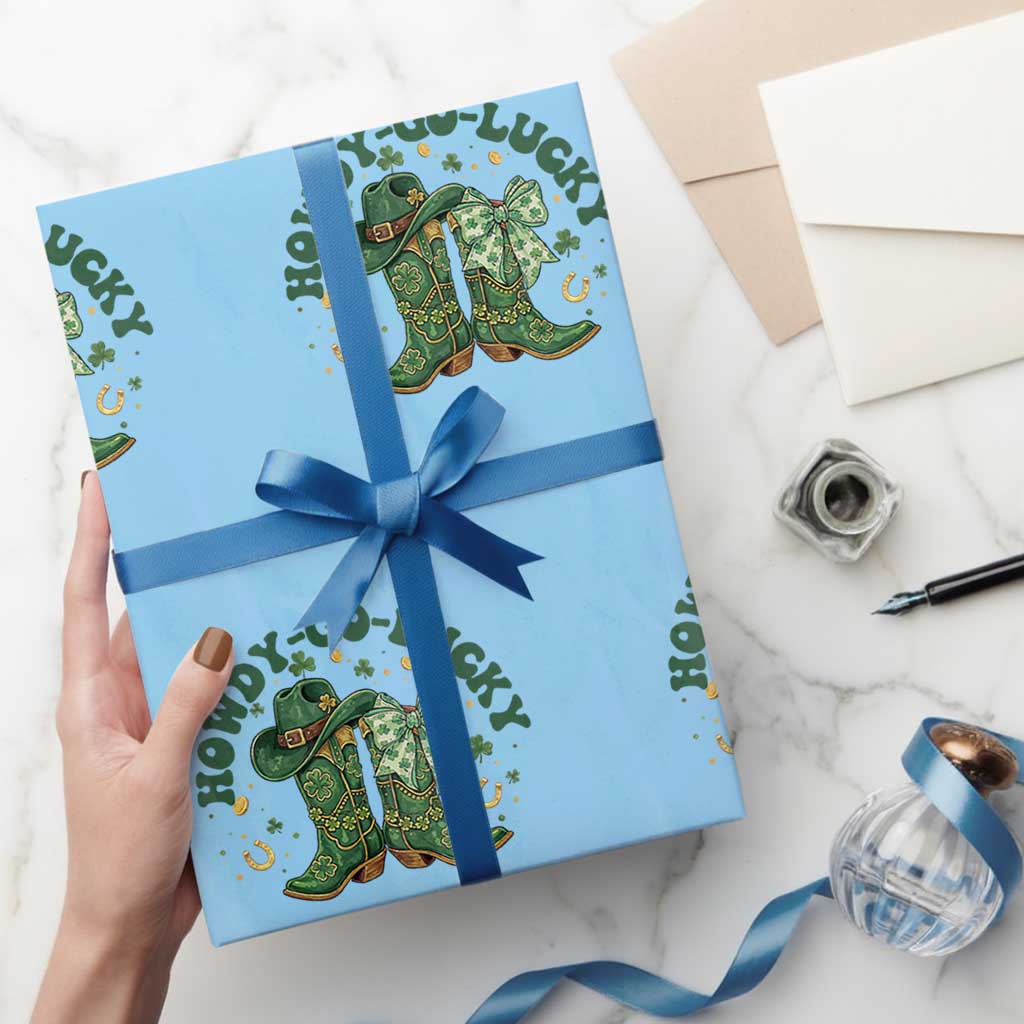 Howdy Go Lucky Wrapping Paper Roll Green Cowboy Boots St Patrick's Day
