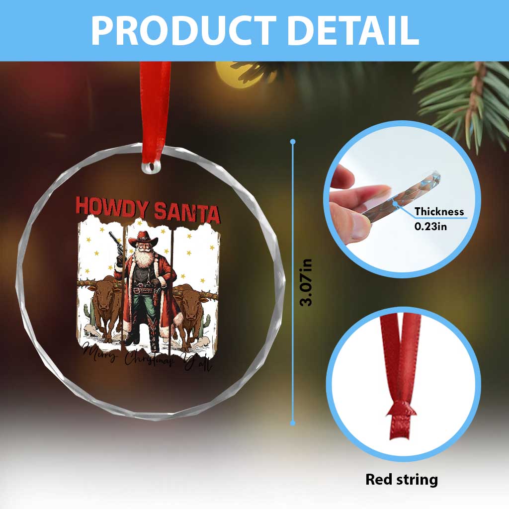 Howdy Santa Merry Christmas Y'all Crystal Glass Ornament Funny Western Bull Riding - Wonder Print Shop