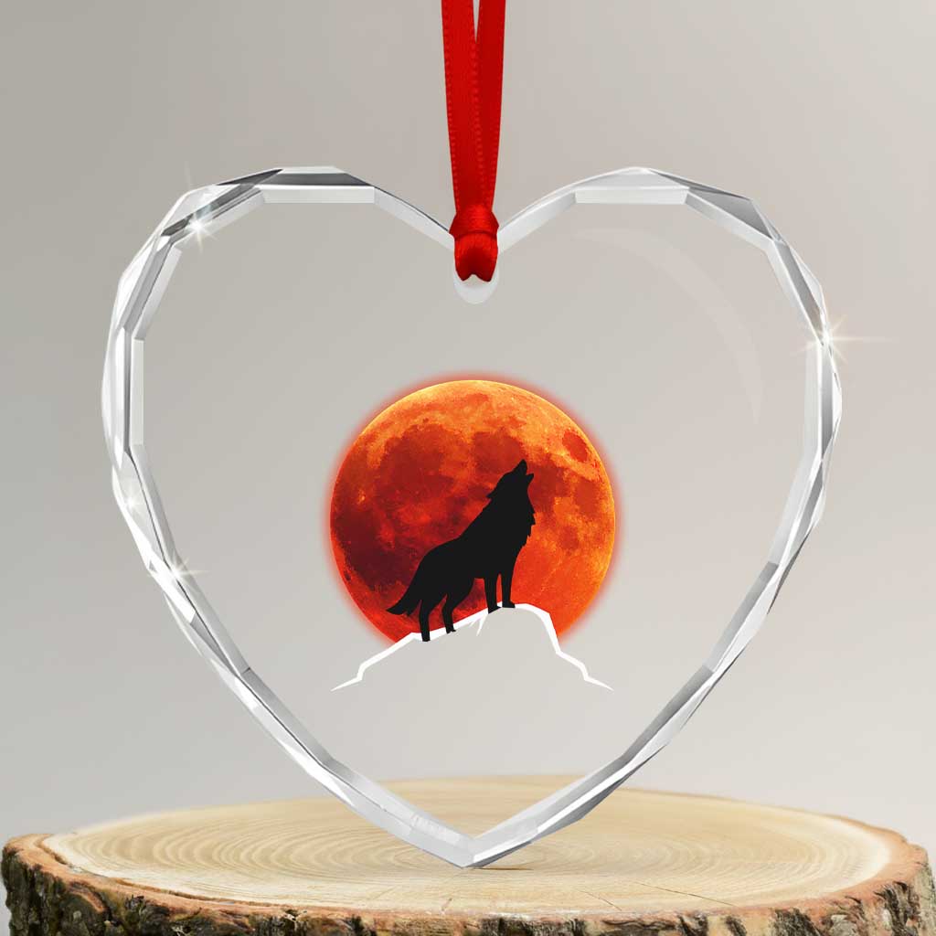 Howling Wolf Crimson Blood Moon Heart Crystal Glass Ornament Mountain Wildlife Nature Graphic