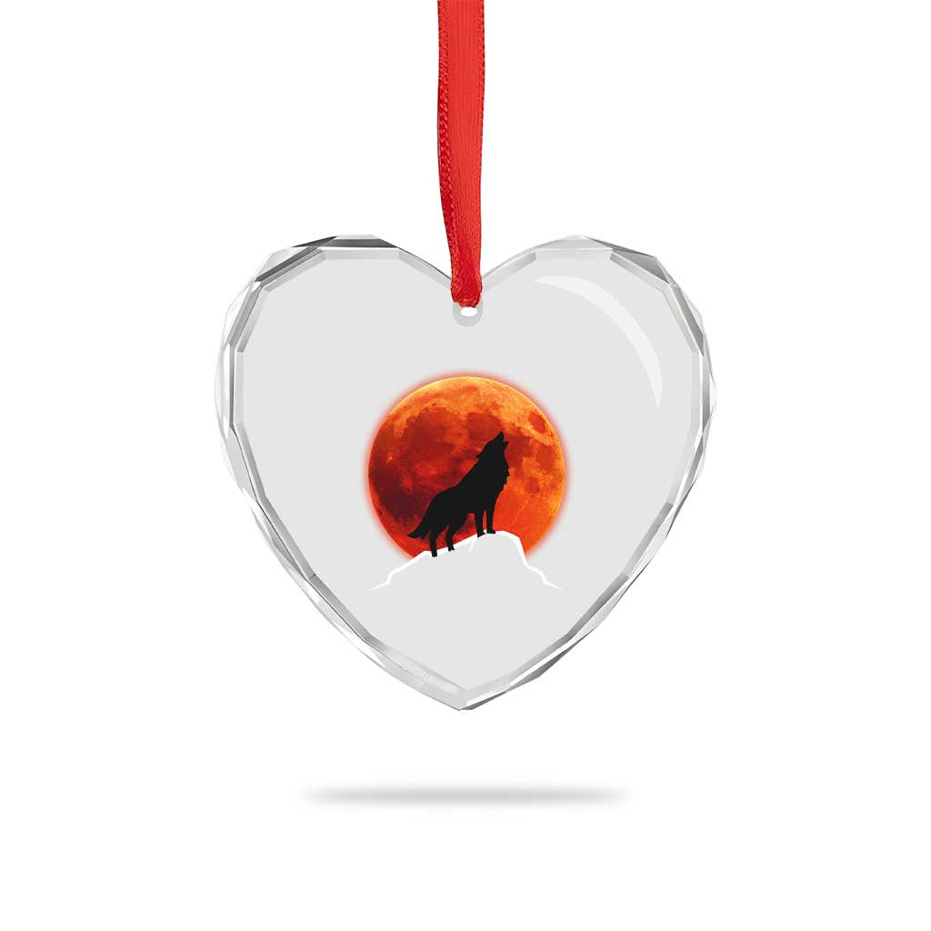 Howling Wolf Crimson Blood Moon Heart Crystal Glass Ornament Mountain Wildlife Nature Graphic