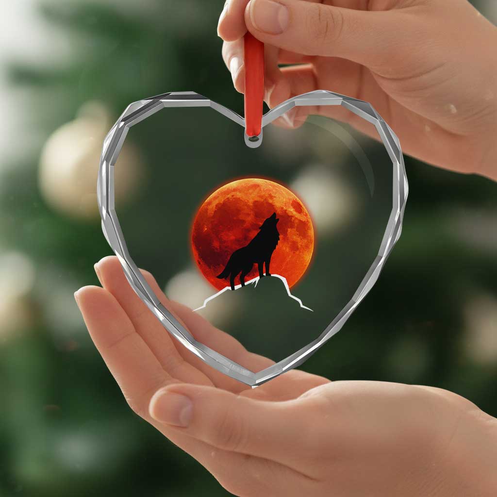 Howling Wolf Crimson Blood Moon Heart Crystal Glass Ornament Mountain Wildlife Nature Graphic