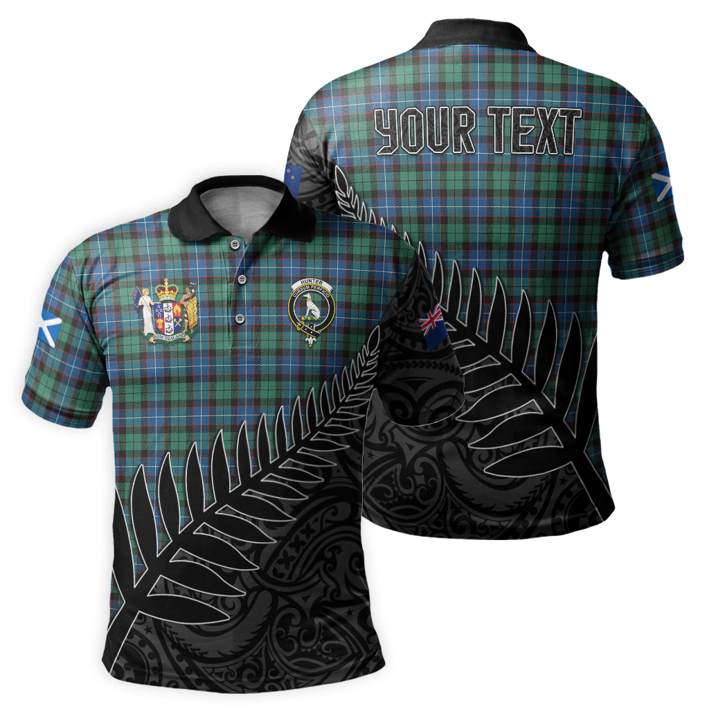 hunter-ancient-tartan-family-crest-golf-shirt-with-fern-leaves-and-coat-of-arm-of-new-zealand-personalized-your-name-scottish-tatan-polo-shirt