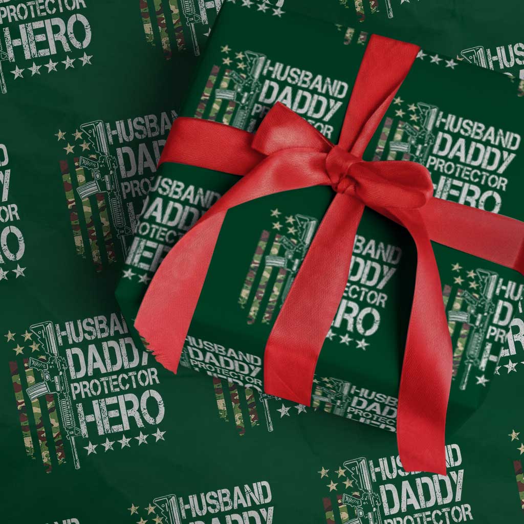 Husband Daddy Protector Hero Wrapping Paper Roll Dad Guns Fathers Day Camo American Flag - Wonder Print Shop