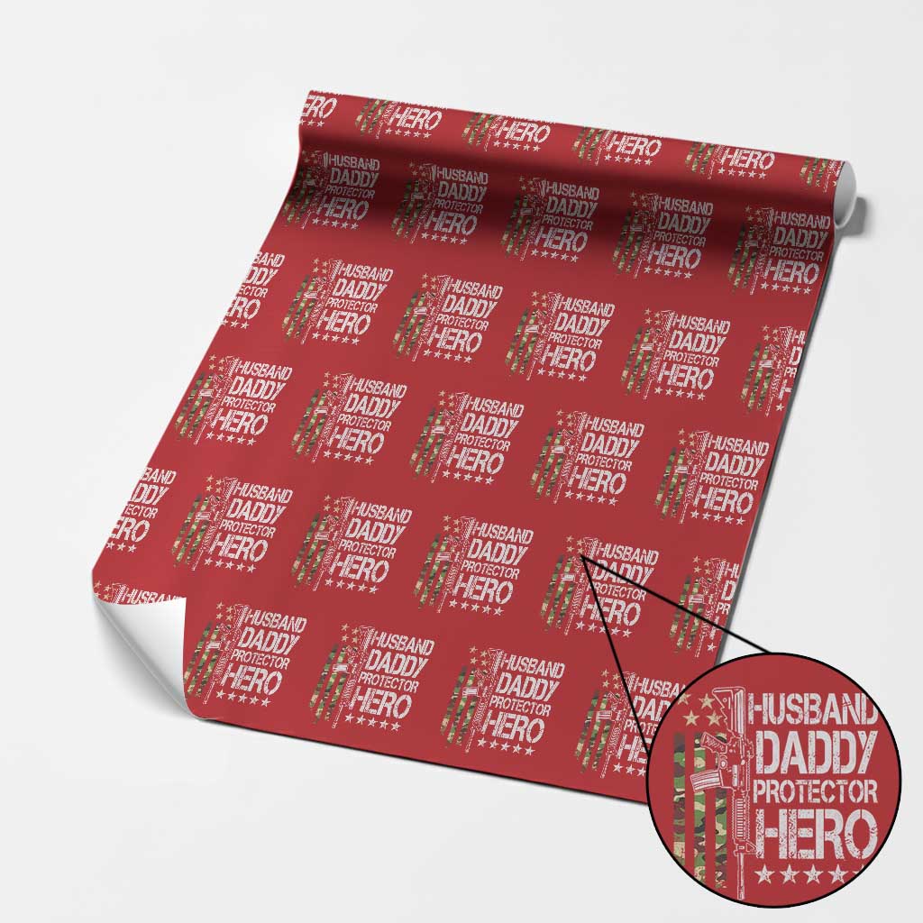 Husband Daddy Protector Hero Wrapping Paper Roll Dad Guns Fathers Day Camo American Flag - Wonder Print Shop