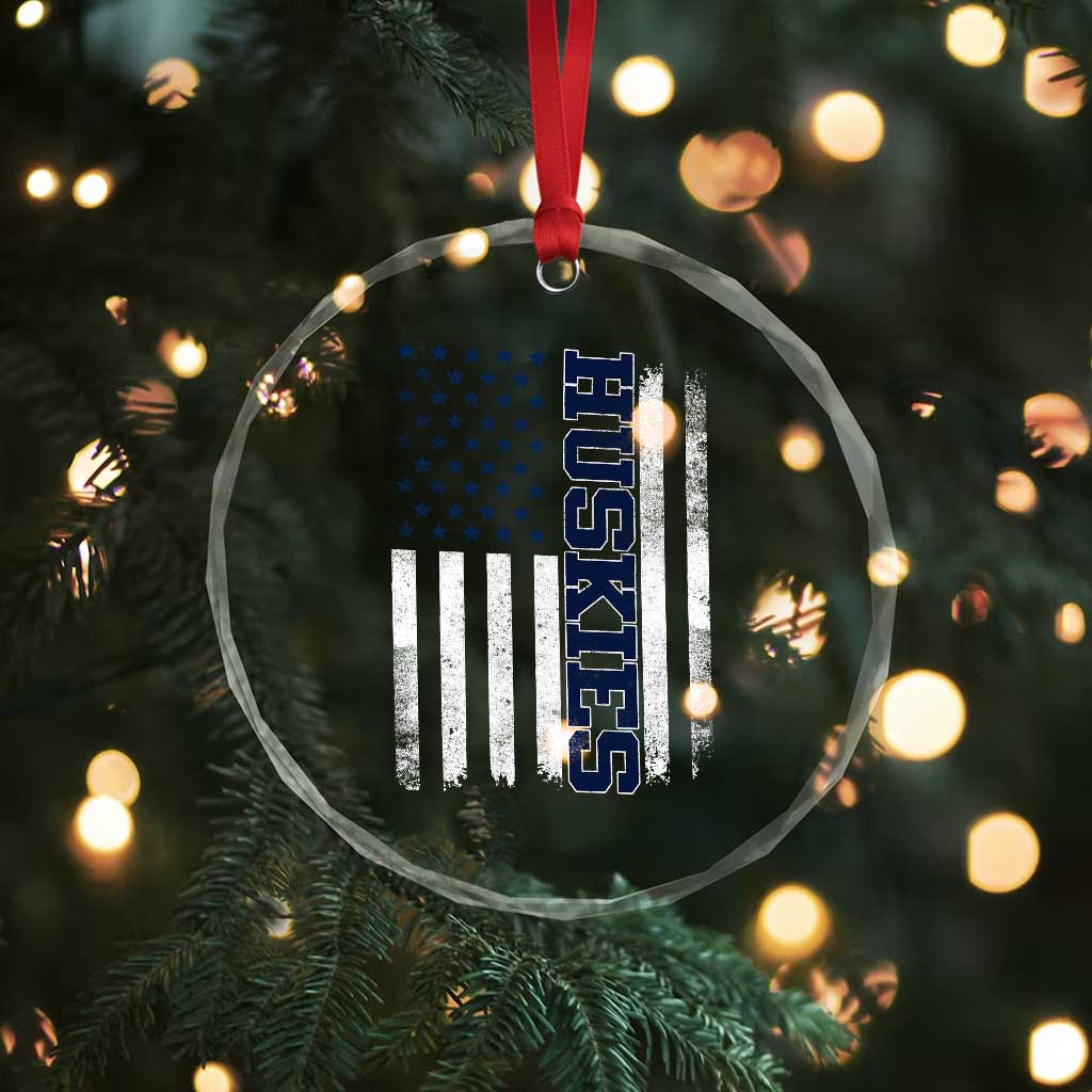 Husky Lover Sports Varsity Aesthetic Letters Vintage American Flag Crystal Glass Ornament