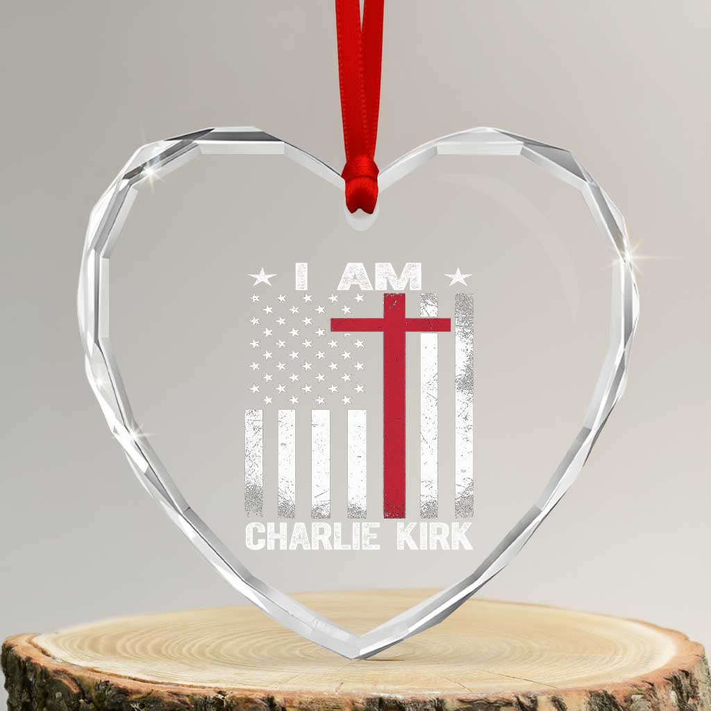 I Am Charlie Kirk Heart Crystal Glass Ornament Christian Cross Faith American Falg - Wonder Print Shop