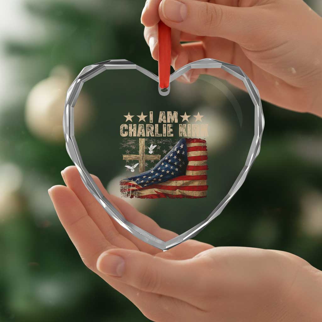 I Am Charlie Kirk Heart Crystal Glass Ornament Freedom Vintage American Flag - Wonder Print Shop