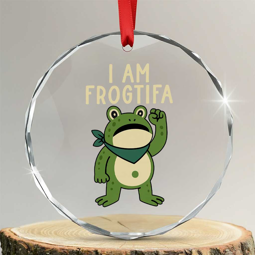 I Am Frogtifa Crystal Glass Ornament Frog Resist Antifascist with Raised Fist Bandana - Wonder Print Shop