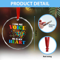 I Am His Voice He Is My Heart Crystal Glass Ornament Autism Awareness Puzzle Piece