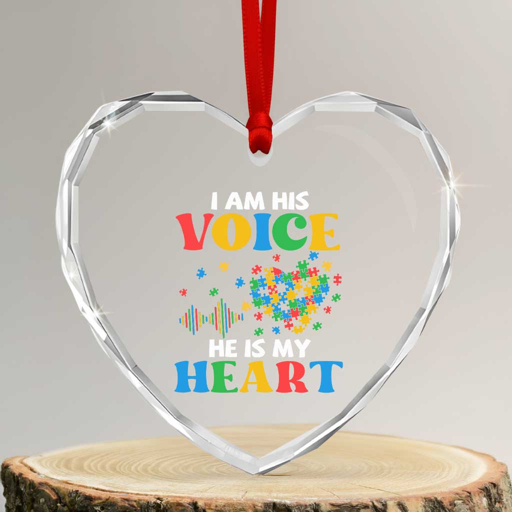 I Am His Voice He Is My Heart Heart Crystal Glass Ornament Autism Awareness Puzzle Piece