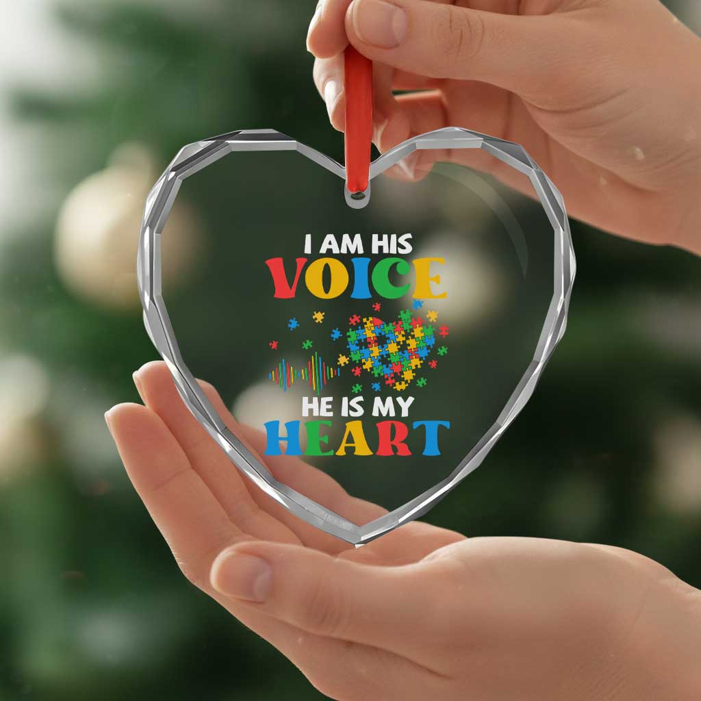 I Am His Voice He Is My Heart Heart Crystal Glass Ornament Autism Awareness Puzzle Piece