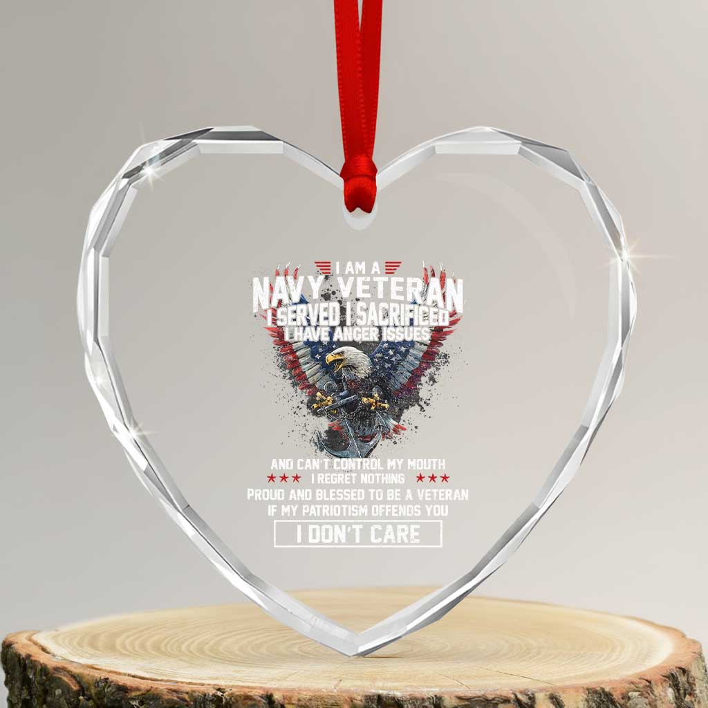 I Am Navy Veteran Heart Crystal Glass Ornament I Served I Sacrificed I have Anger Issues Bald Eagle USA Flag - Wonder Print Shop