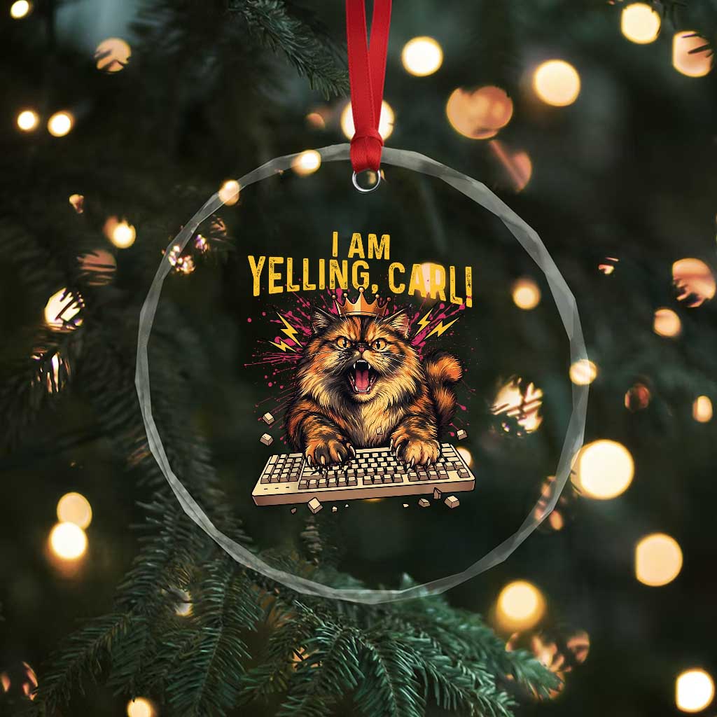 I Am Yelling Carl Graphic Crystal Glass Ornament Funny Angry Cat Typing Keyboard Comic Retro