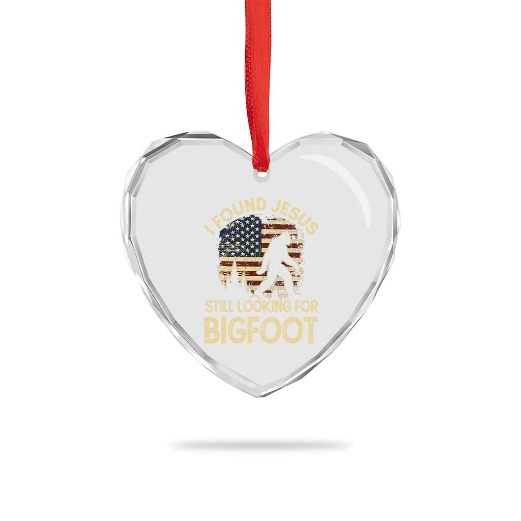 I Found Jesus Still Looking for Bigfoot Patriotic Heart Crystal Glass Ornament American Flag Christian Religious Sasquatch Vintage