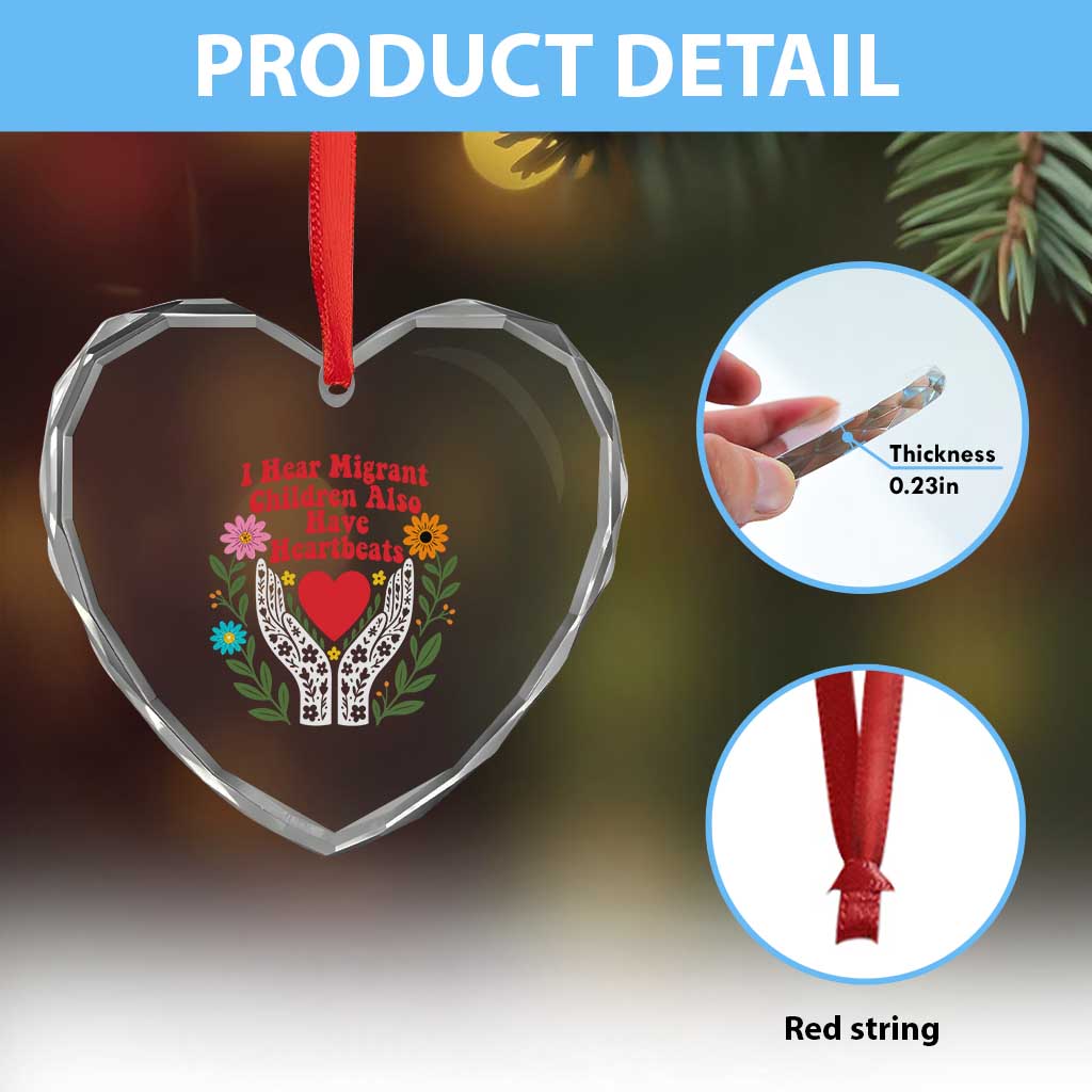I Hear Migrant Children Also Have Heartbeats Heart Crystal Glass Ornament Groovy Retro Floral Hands Heart Social Justice