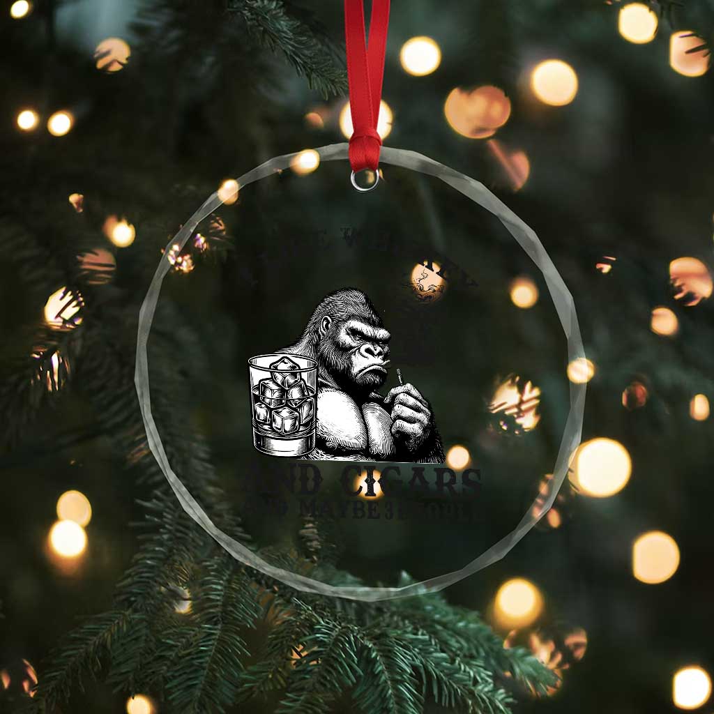 I Like Whiskey and Cigars and Maybe 3 People Crystal Glass Ornament Funny Bigfoot Drinking and Cigarette Anti-Social Humor