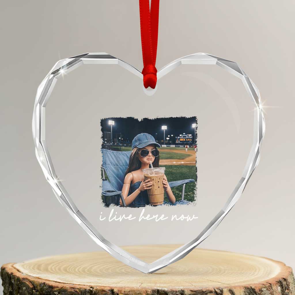 I Live Here Now Funny Doll Face Meme Baseball Lover Heart Crystal Glass Ornament Game Day Reaction Sports Fan Gift
