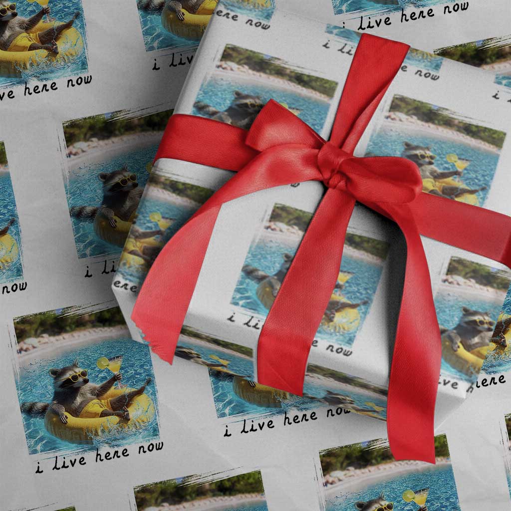I Live Here Now Raccoon Wrapping Paper Roll Funny Summer Vacation Meme