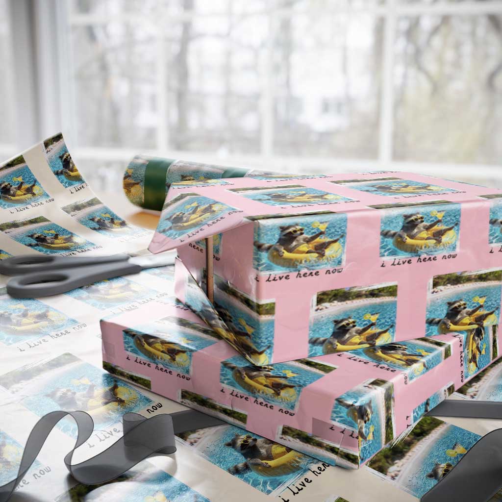 I Live Here Now Raccoon Wrapping Paper Roll Funny Summer Vacation Meme