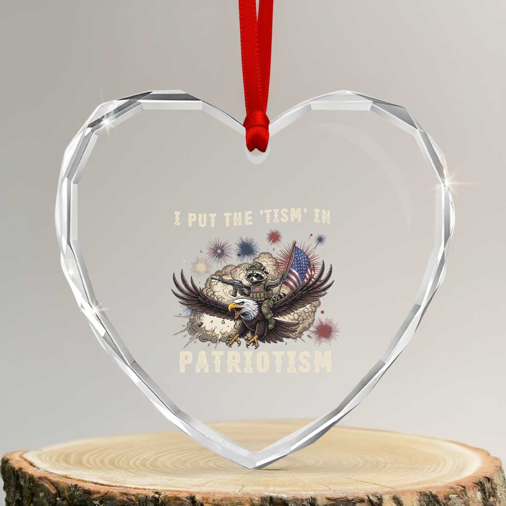 I Put The Tism in Patriotism Heart Crystal Glass Ornament Retro Eagle Raccoon USA Flag
