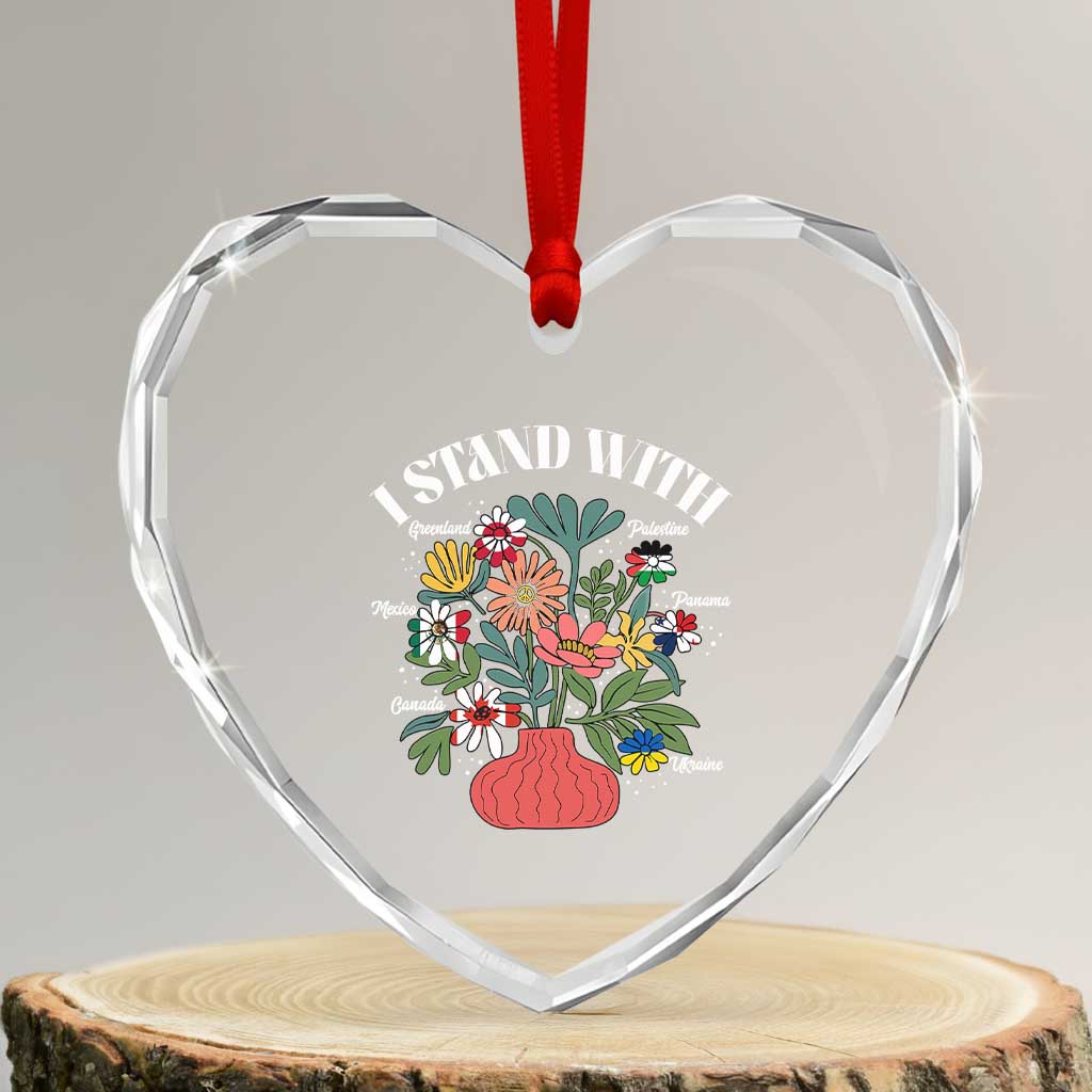 I Stand With Canada Greenland Mexico Panama Gaza Ukraine Heart Crystal Glass Ornament Retro Floral