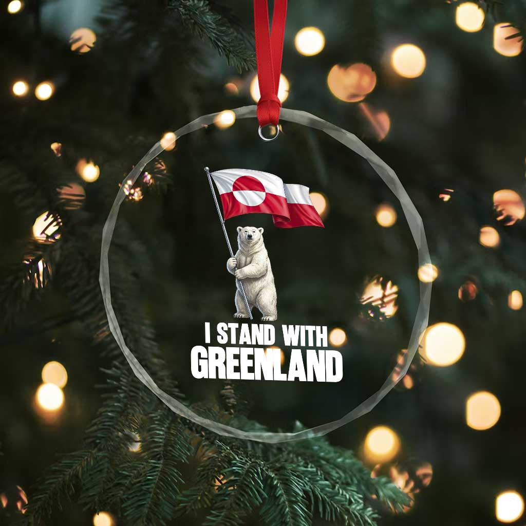 I Stand With Greenland Crystal Glass Ornament Cute Polar Bear Holding Flag Political Support