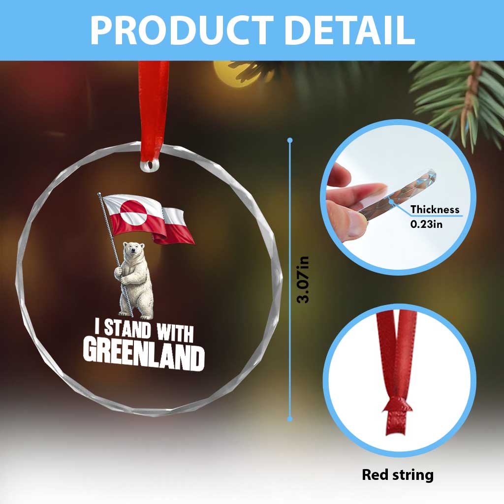 I Stand With Greenland Crystal Glass Ornament Cute Polar Bear Holding Flag Political Support