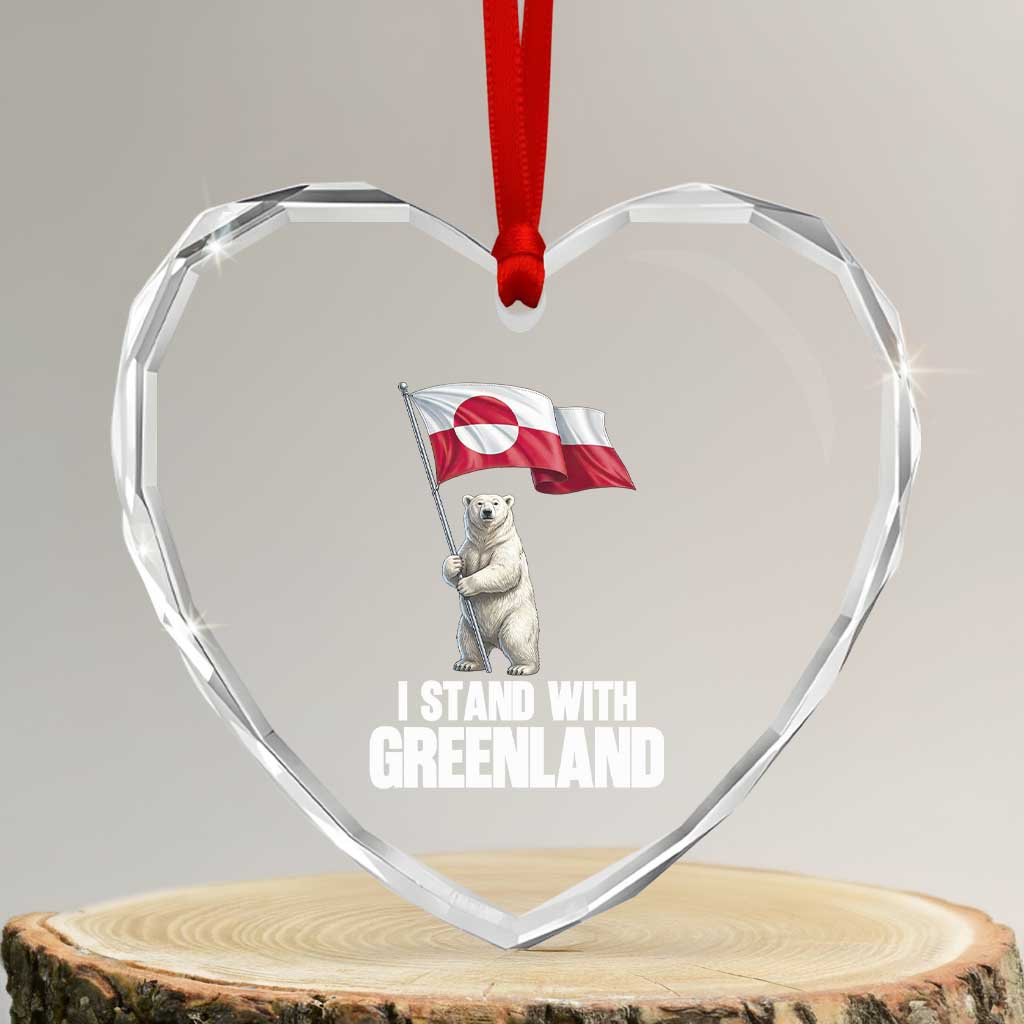 I Stand With Greenland Heart Crystal Glass Ornament Cute Polar Bear Holding Flag Political Support